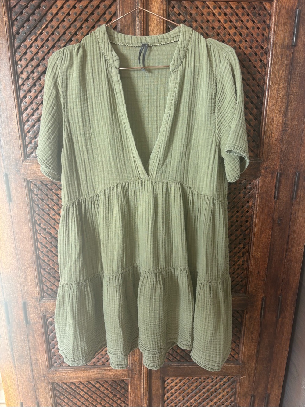 ANTHROPOLOGIE Olive Green Tiered V-Neck Mini Dress